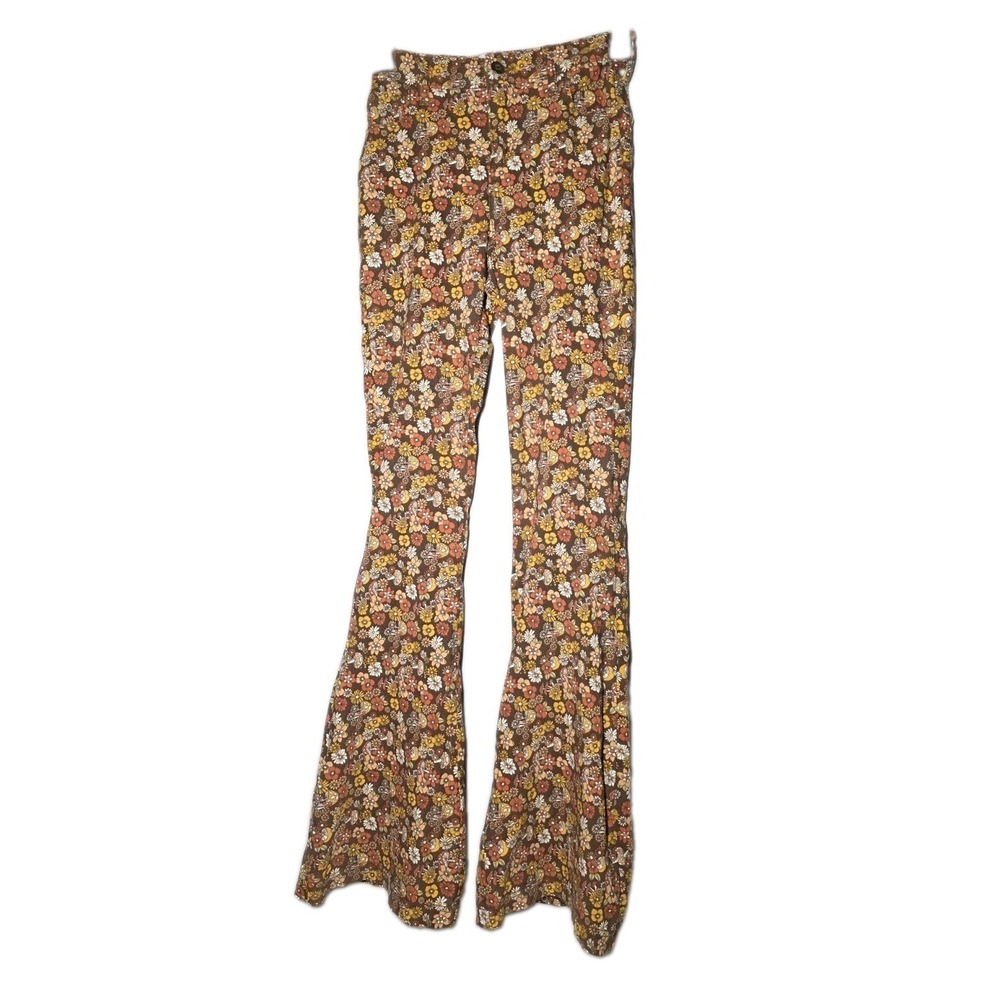 Hollister Womens XS High Rise Flare Pants Mushroom Floral Hippie 60s 70s Print
